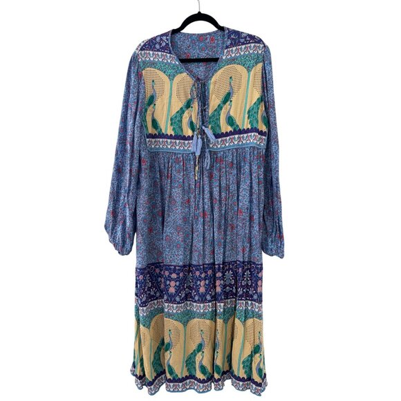 R. Vivimos Long Sleeve Bohemian Peacock Printed V-Neck Midi Dress Tassel Tie - Picture 3 of 9